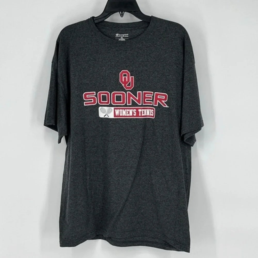 CHAMPION T-Shirt OU Sooners Women's Tennis NCAA Graphic Logo Tee XL Gray Red - Picture 2 of 10